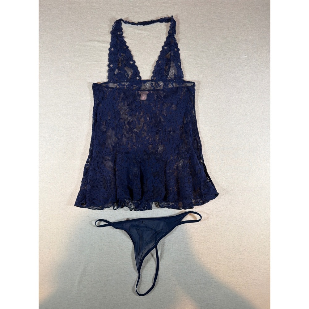 Victorias Secret Navy Blue Lace Halter Babydoll Lingerie Set with Thong WJ4
